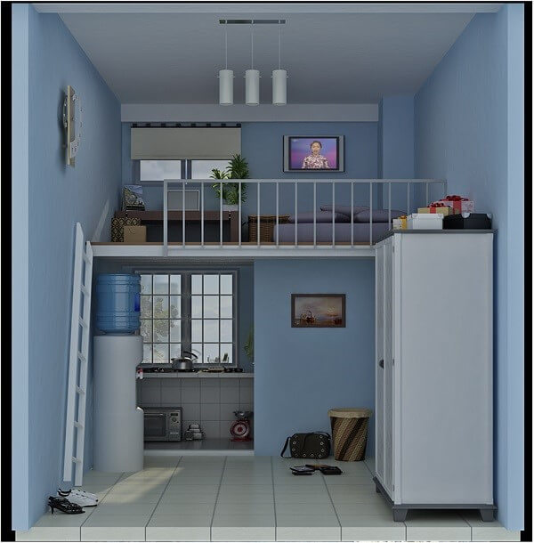 Mẫu phòng trọ có gác lửng được thiết kế đơn giản dành cho nhân viên văn phòng